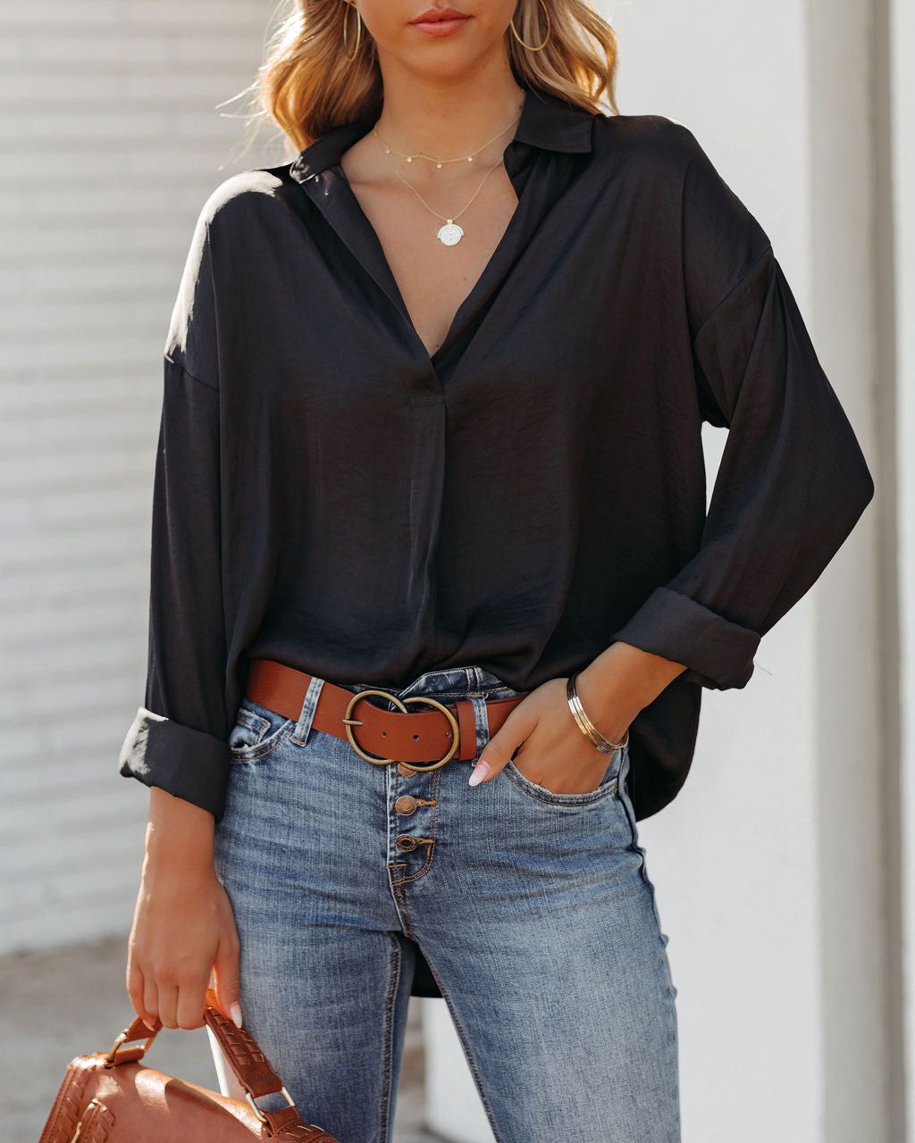 Function Satin Collared Blouse - Black - FINAL SALE sold by Vici product image thumbnail 3