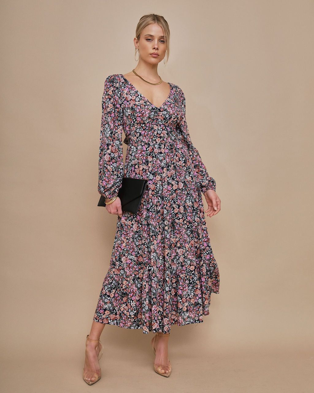 Meredith Tie Back Floral Midi Dress sold by Vici