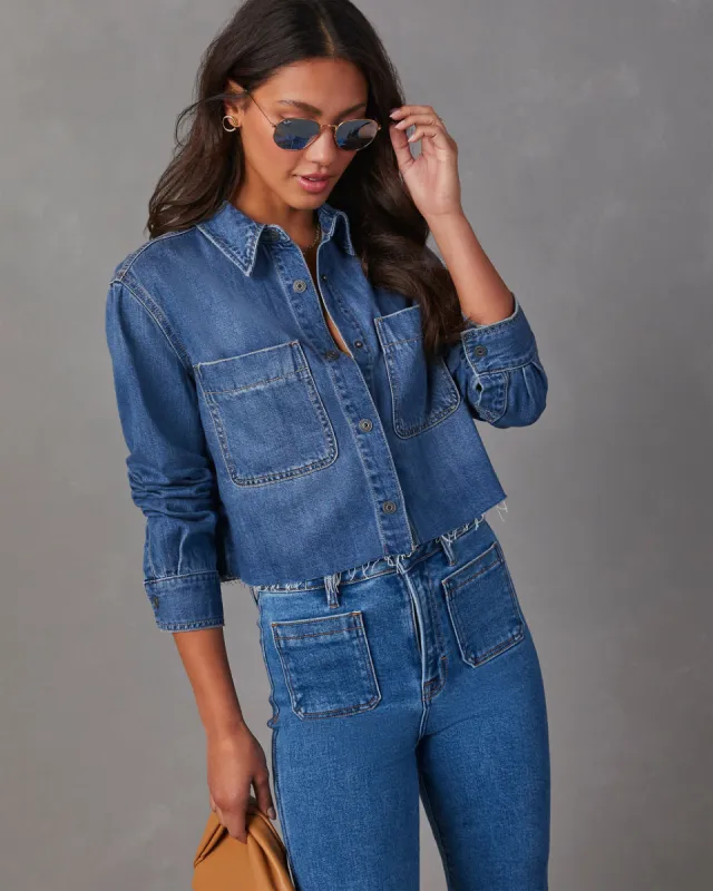 Jamie Cropped Denim Button Down Top sold by Vici