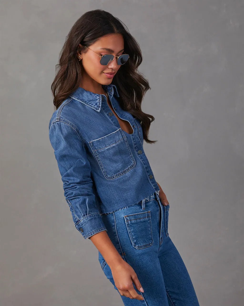 Jamie Cropped Denim Button Down Top sold by Vici product image thumbnail 5
