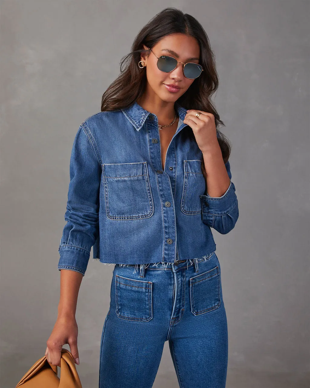 Jamie Cropped Denim Button Down Top sold by Vici product image thumbnail 4