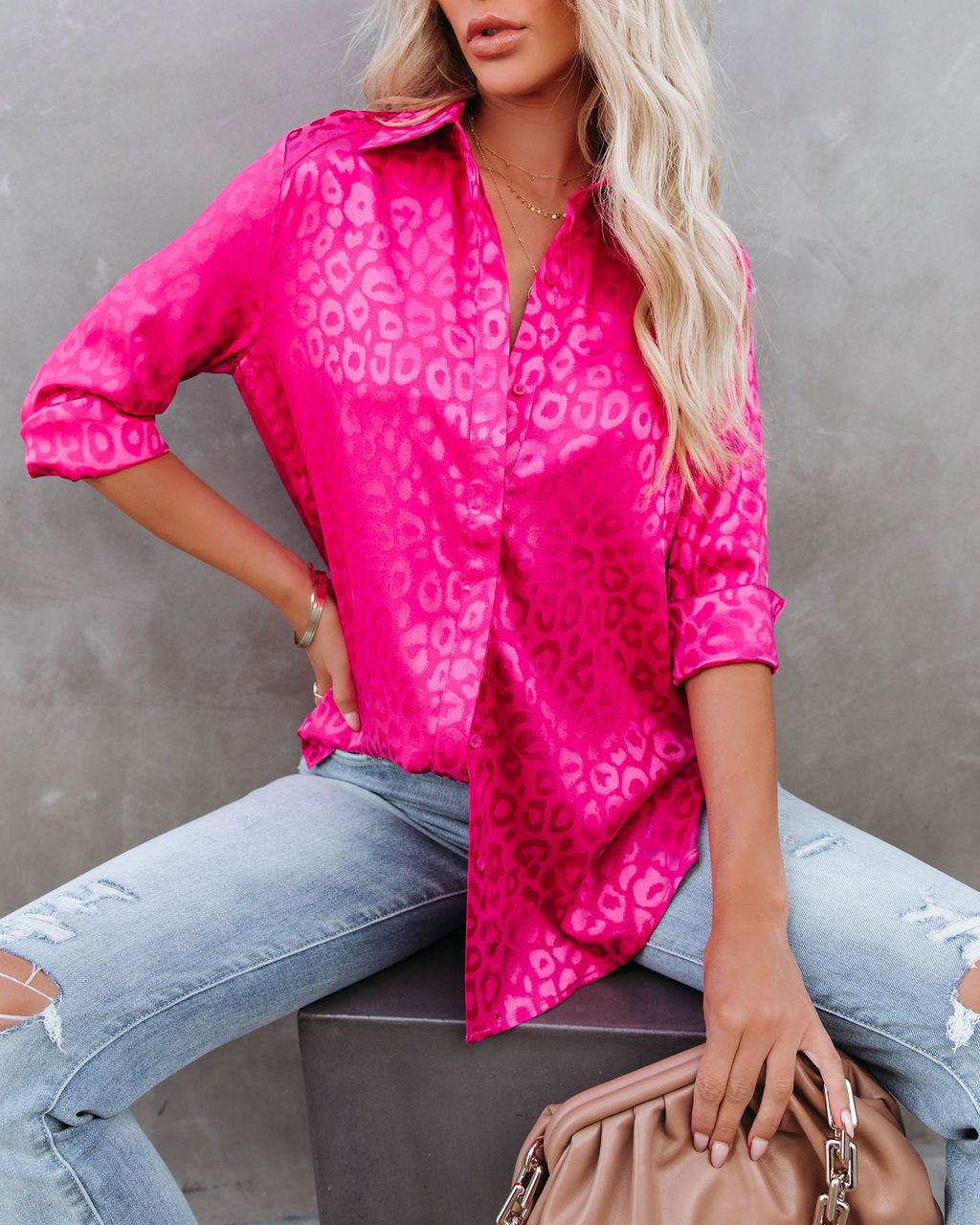 Kingdom Satin Embossed Button Down Blouse - Magenta sold by Vici product image thumbnail 3
