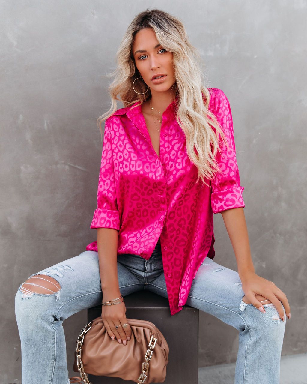 Kingdom Satin Embossed Button Down Blouse - Magenta sold by Vici product image thumbnail 10