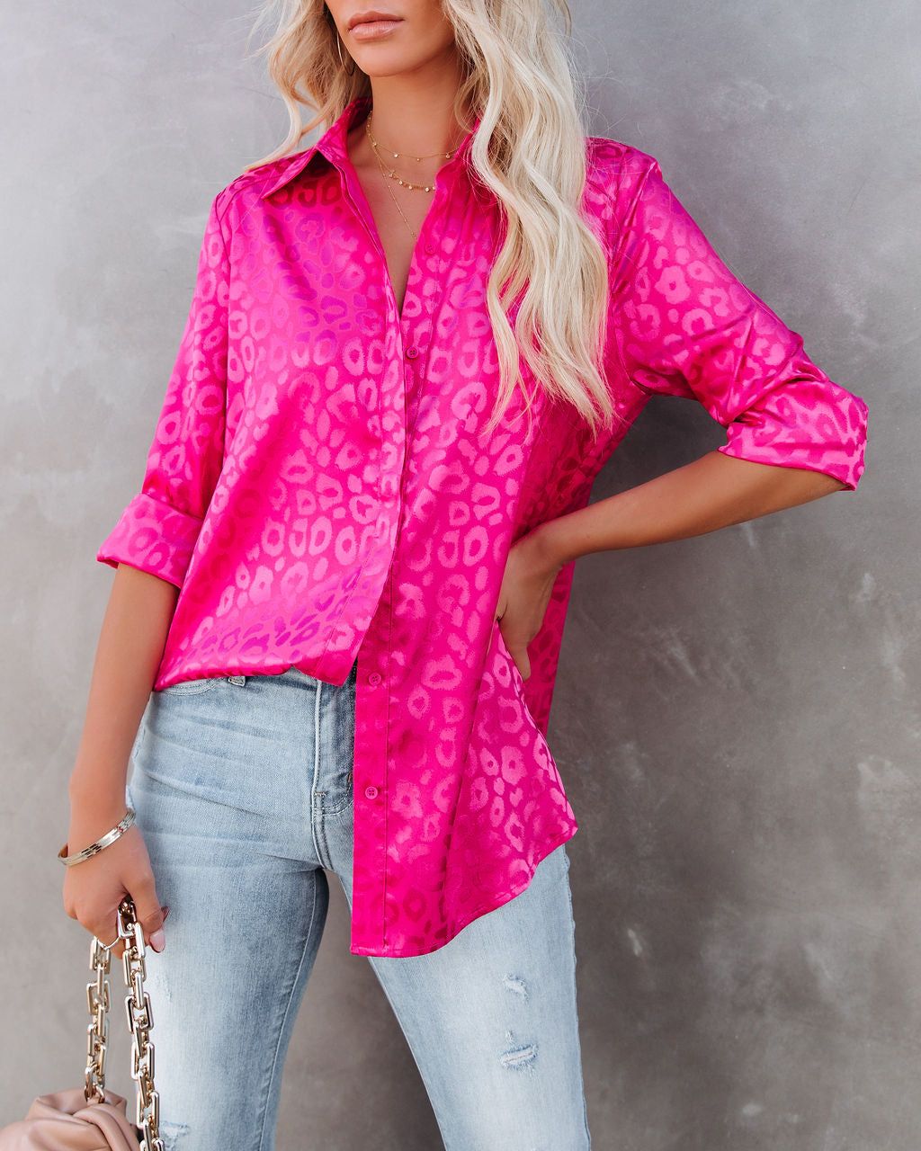 Kingdom Satin Embossed Button Down Blouse - Magenta sold by Vici product image thumbnail 5