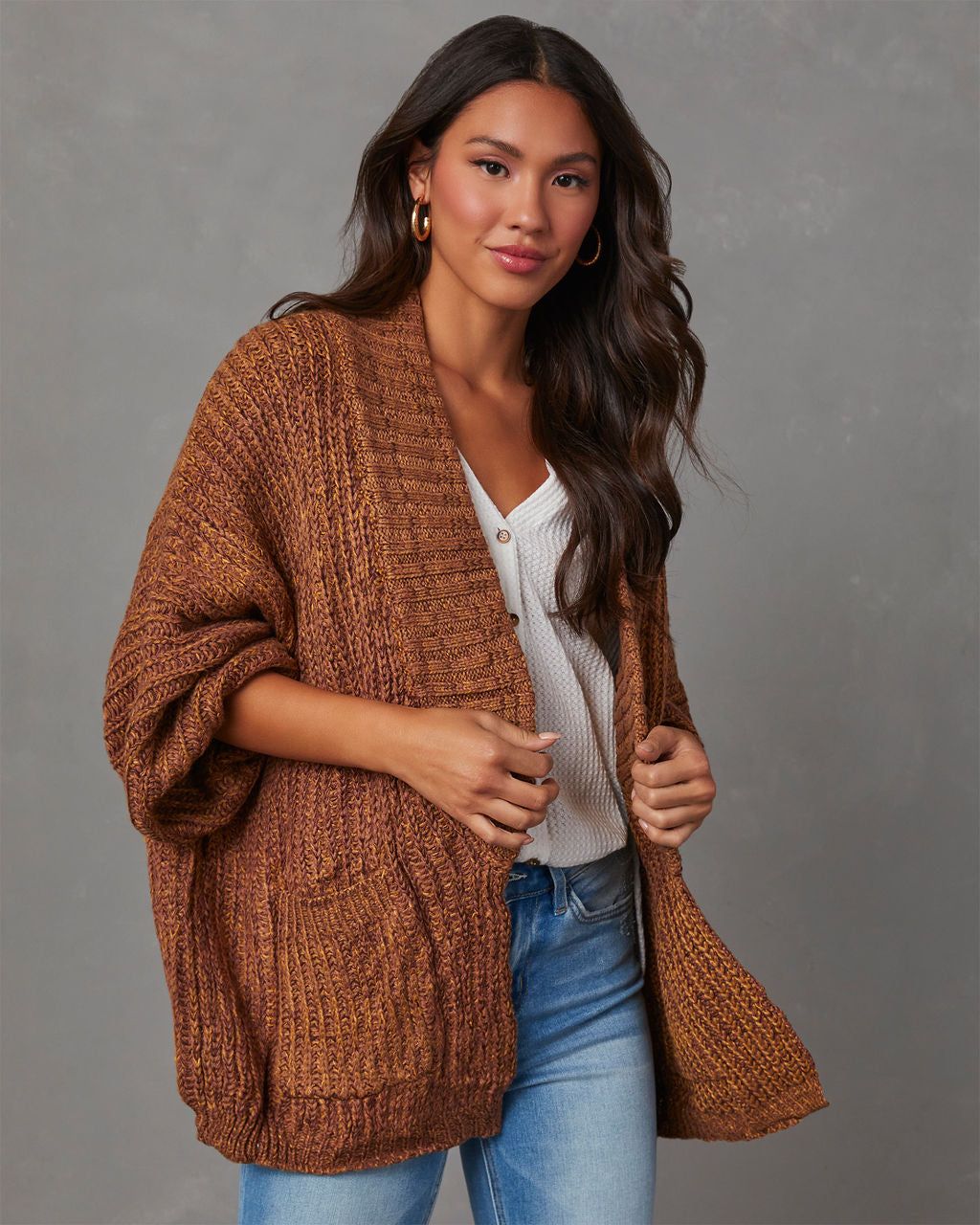 Garcelle Oversized Open Front Knit Cardigan - Camel sold by Vici