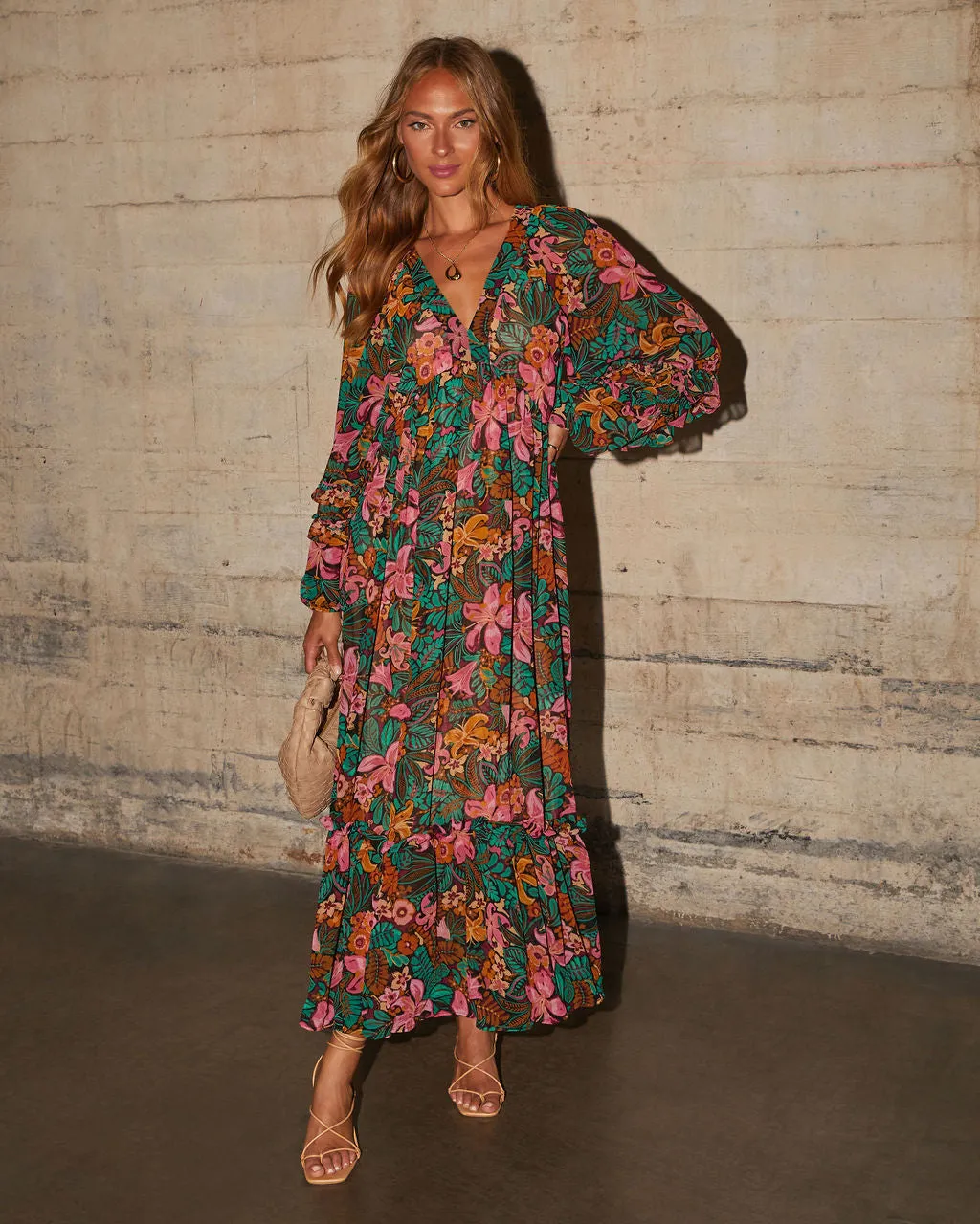 Rosalind Chiffon Floral Ruffle Maxi Dress sold by Vici
