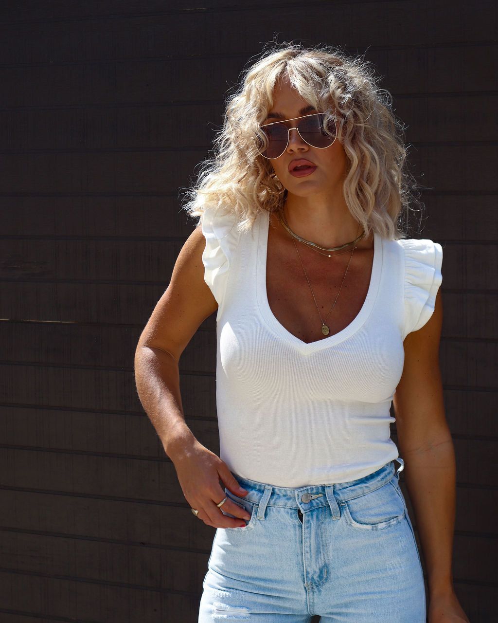 Morie V-Neck Ruffle Sleeve Top - White sold by Vici