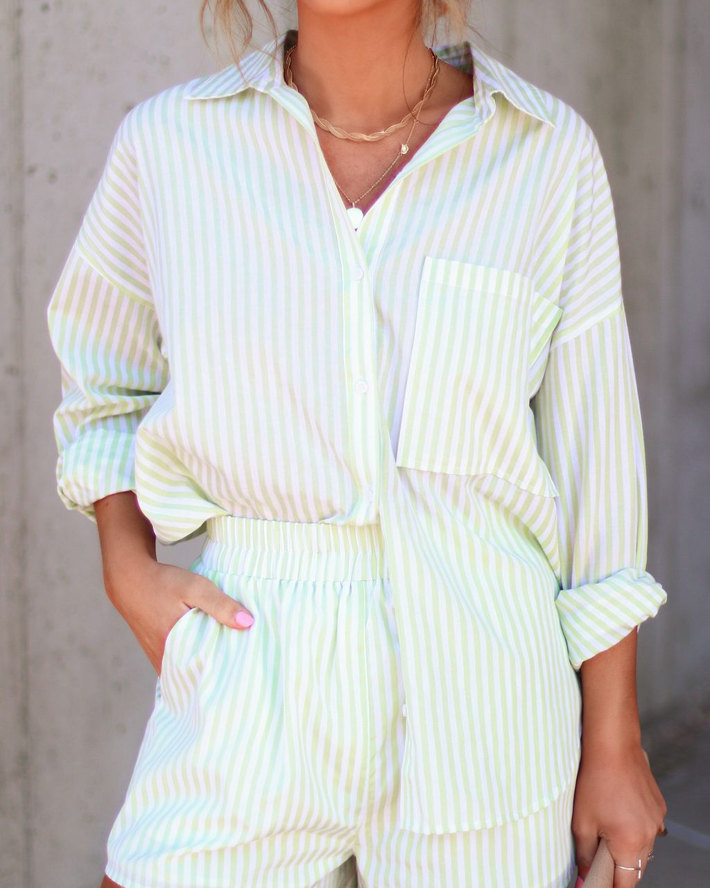 Clear The Air Stripe Cotton Blend Button Down Top - Lime/White - FINAL SALE sold by Vici product image thumbnail 2