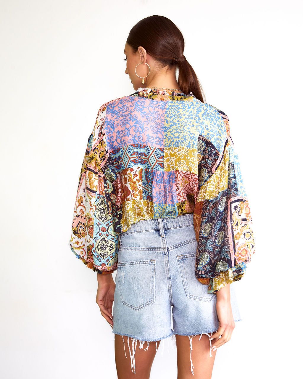 Myah Patchwork Balloon Sleeve Button Down Top - FINAL SALE sold by Vici product image thumbnail 4