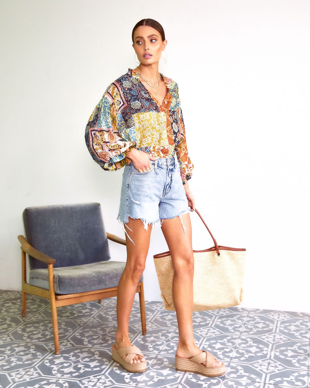 Myah Patchwork Balloon Sleeve Button Down Top - FINAL SALE sold by Vici product image thumbnail 3