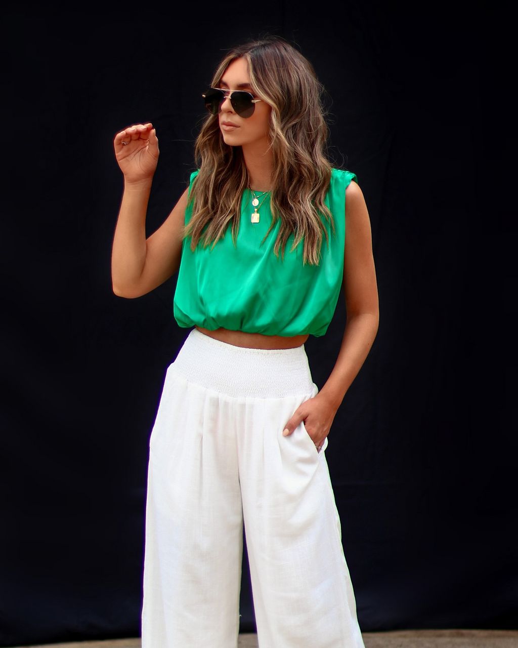 Fancy Shenanigans Satin Padded Shoulder Crop Top sold by Vici