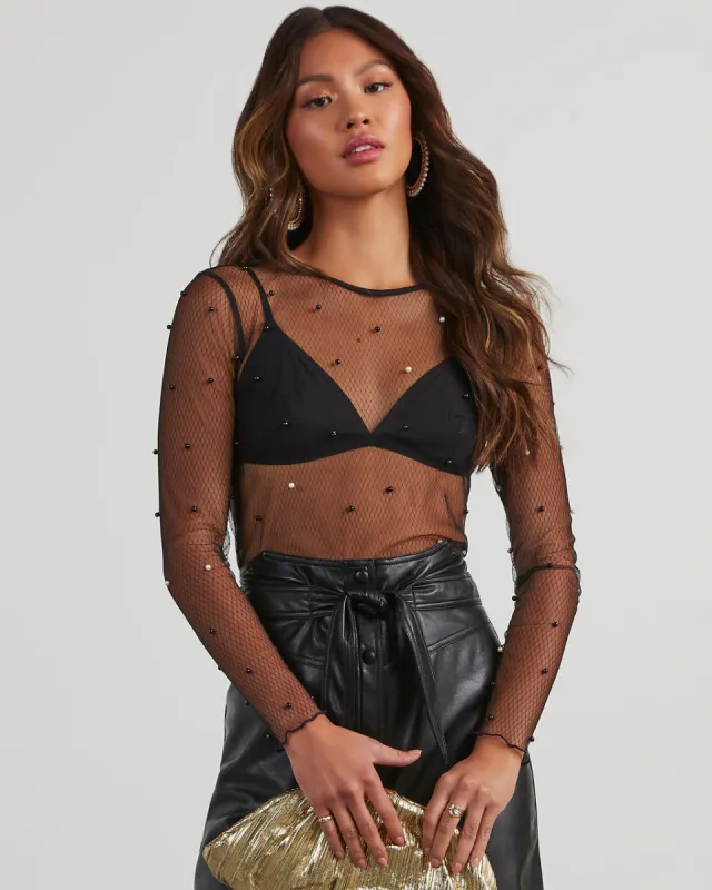 Nita Pearl Embellished Mesh Top sold by Vici
