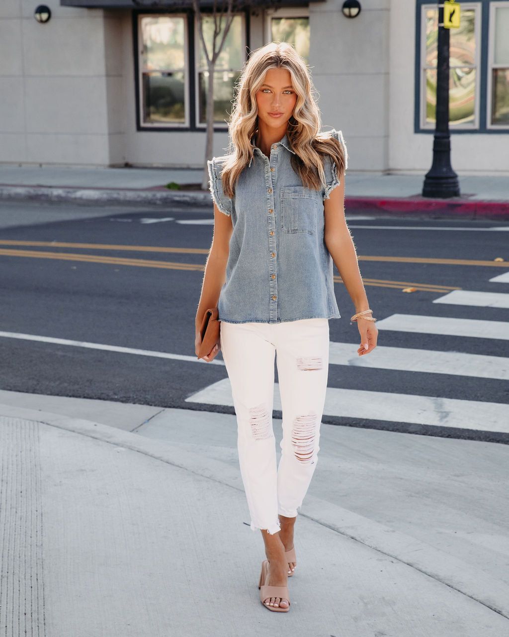 Drita Denim Frayed Ruffle Button Up Top - Blue sold by Vici product image thumbnail 3