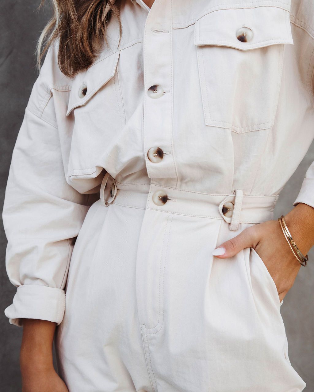 Understated Utility Cotton Pocketed Jumpsuit - Ecru - FINAL SALE sold by Vici product image thumbnail 2