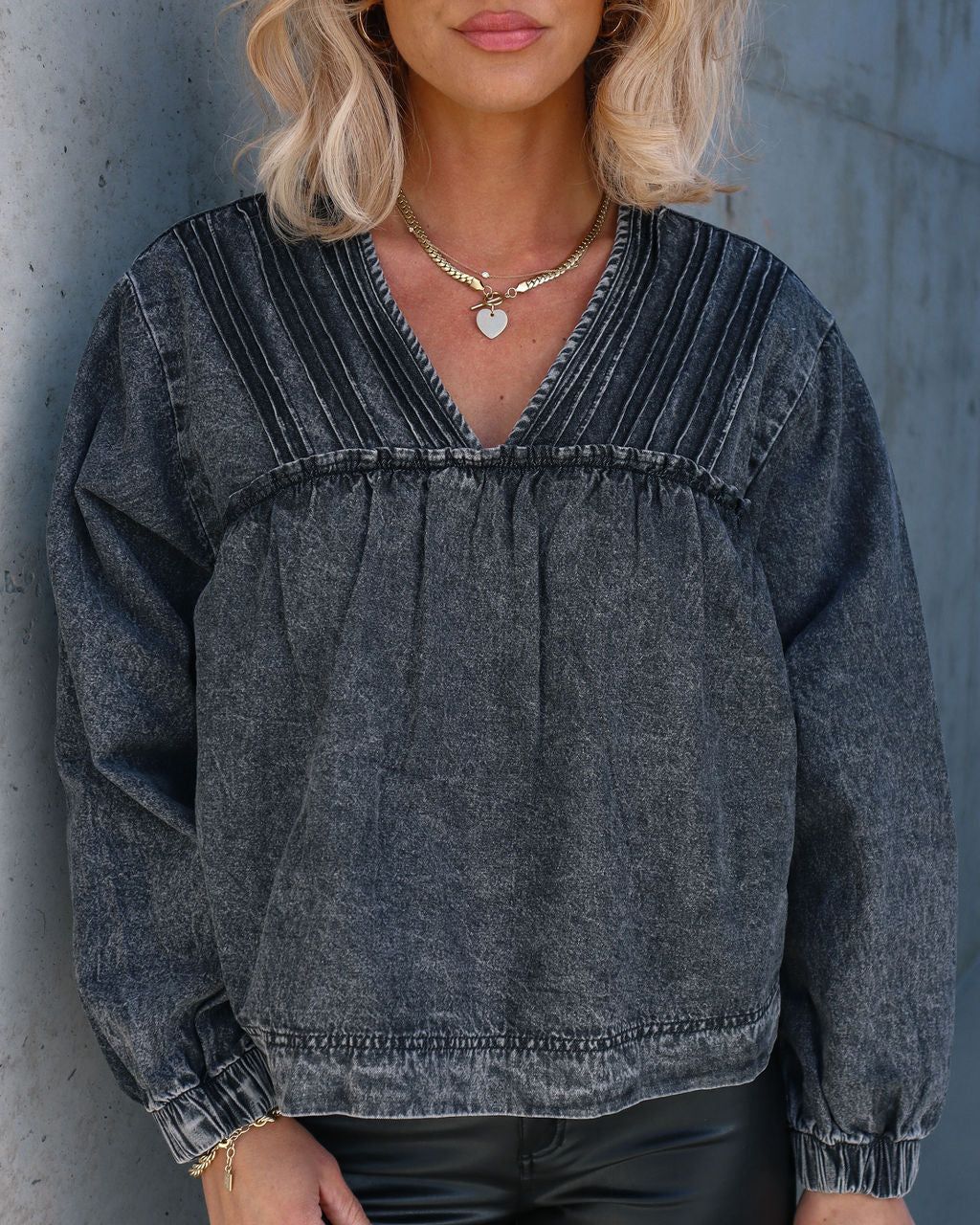 Andre Chambray Babydoll Top - Charcoal - FINAL SALE sold by Vici product image thumbnail 2