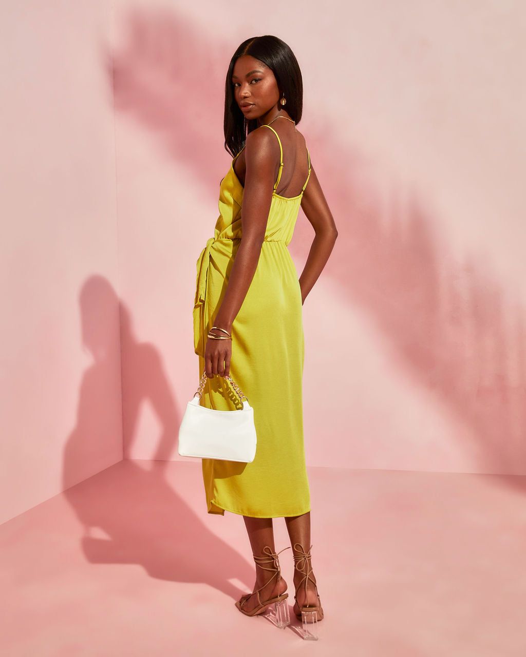 Magdalena Satin Wrap Midi Dress - Chartreuse - FINAL SALE sold by Vici product image thumbnail 2