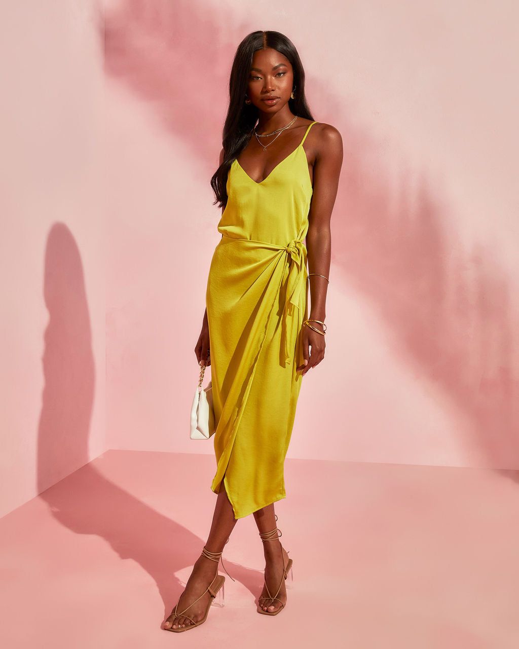 Magdalena Satin Wrap Midi Dress - Chartreuse - FINAL SALE sold by Vici
