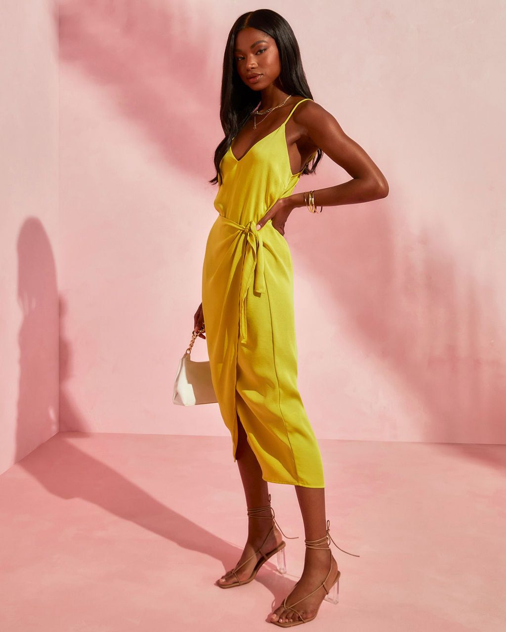 Magdalena Satin Wrap Midi Dress - Chartreuse - FINAL SALE sold by Vici product image thumbnail 5