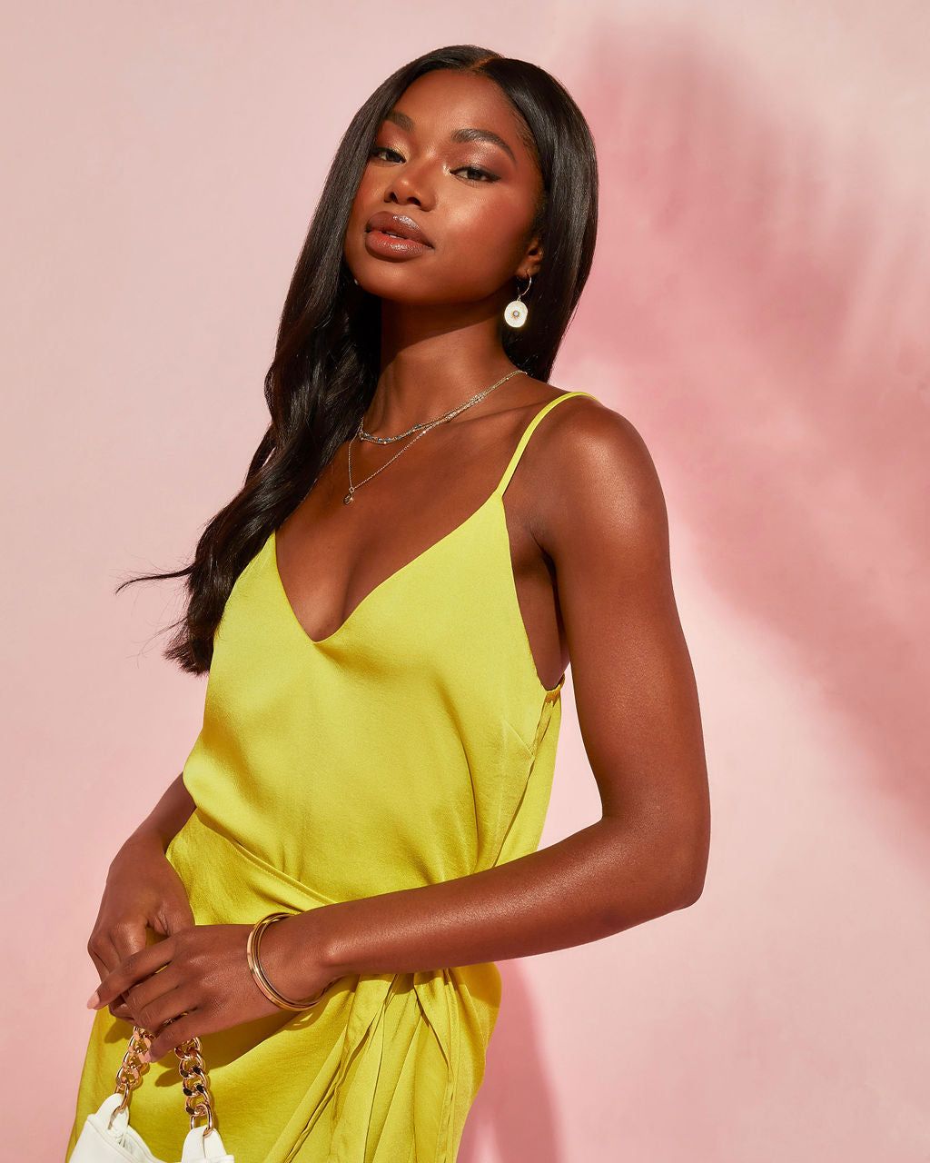 Magdalena Satin Wrap Midi Dress - Chartreuse - FINAL SALE sold by Vici product image thumbnail 6