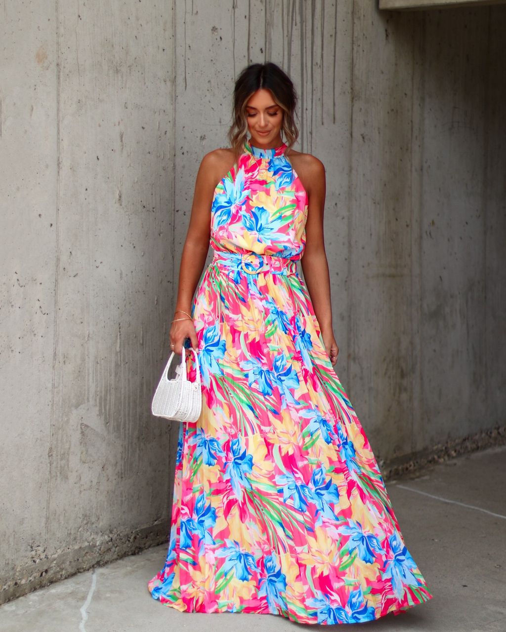 Nami Floral Halter Belted Maxi Dress sold by Vici