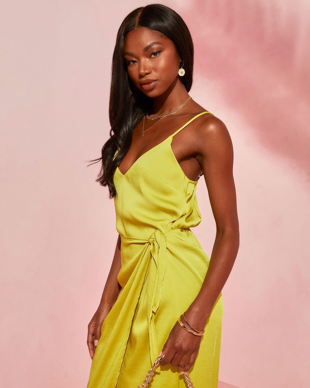 Magdalena Satin Wrap Midi Dress - Chartreuse - FINAL SALE sold by Vici product image thumbnail 4