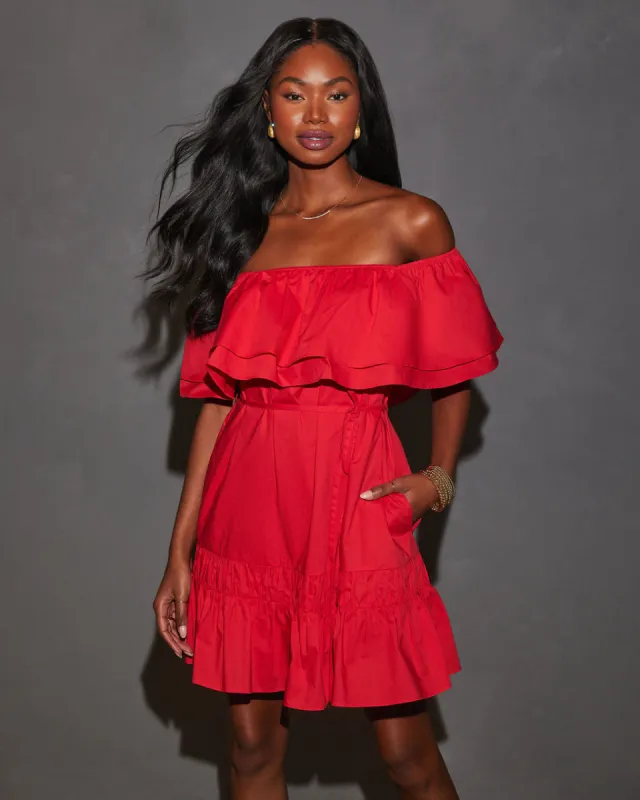 Ruby Off The Shoulder Tie Waist Mini Dress sold by Vici