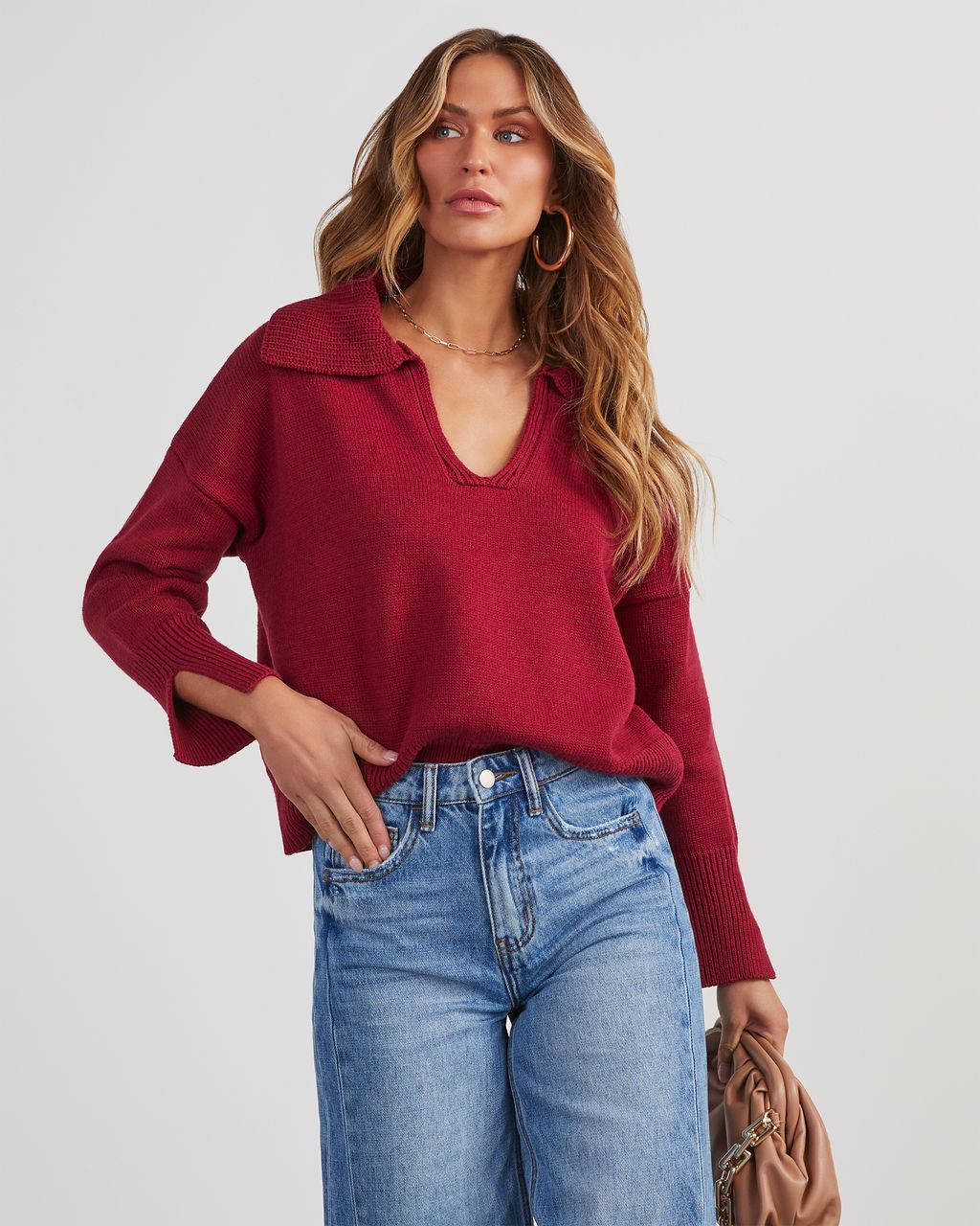 Avaleigh Collared Pullover Sweater - Burgundy sold by Vici product image thumbnail 5