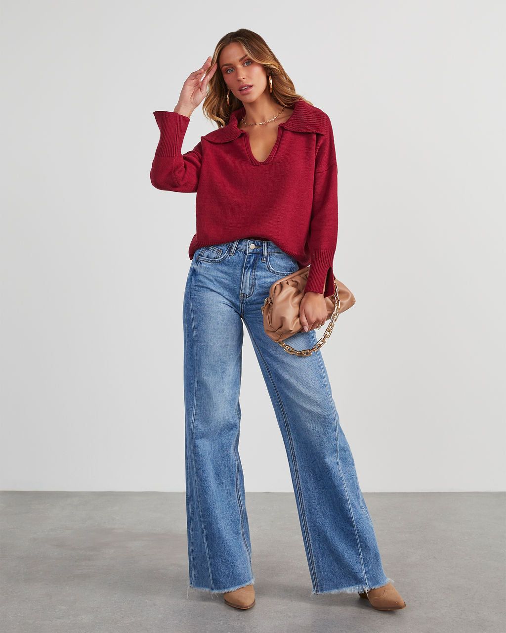 Avaleigh Collared Pullover Sweater - Burgundy sold by Vici product image thumbnail 6