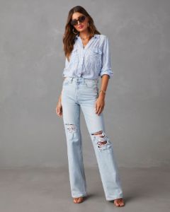 Alycia High Rise Distressed Wide Leg Jeans - Light Wash sold by Vici