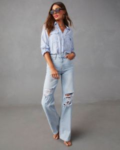 Alycia High Rise Distressed Wide Leg Jeans - Light Wash sold by Vici