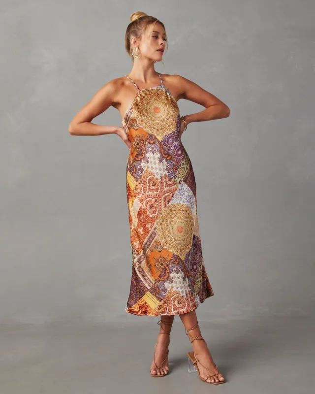 Golden Summer Dream Satin Midi Dress sold by Vici