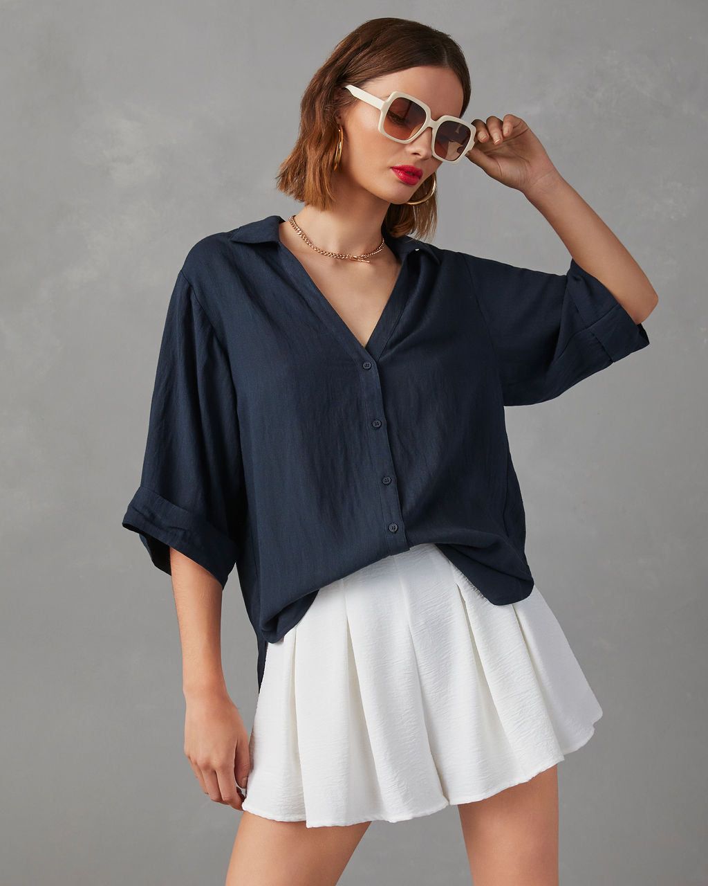 Raisa Short Sleeve Button Up Top - Indigo - FINAL SALE sold by Vici