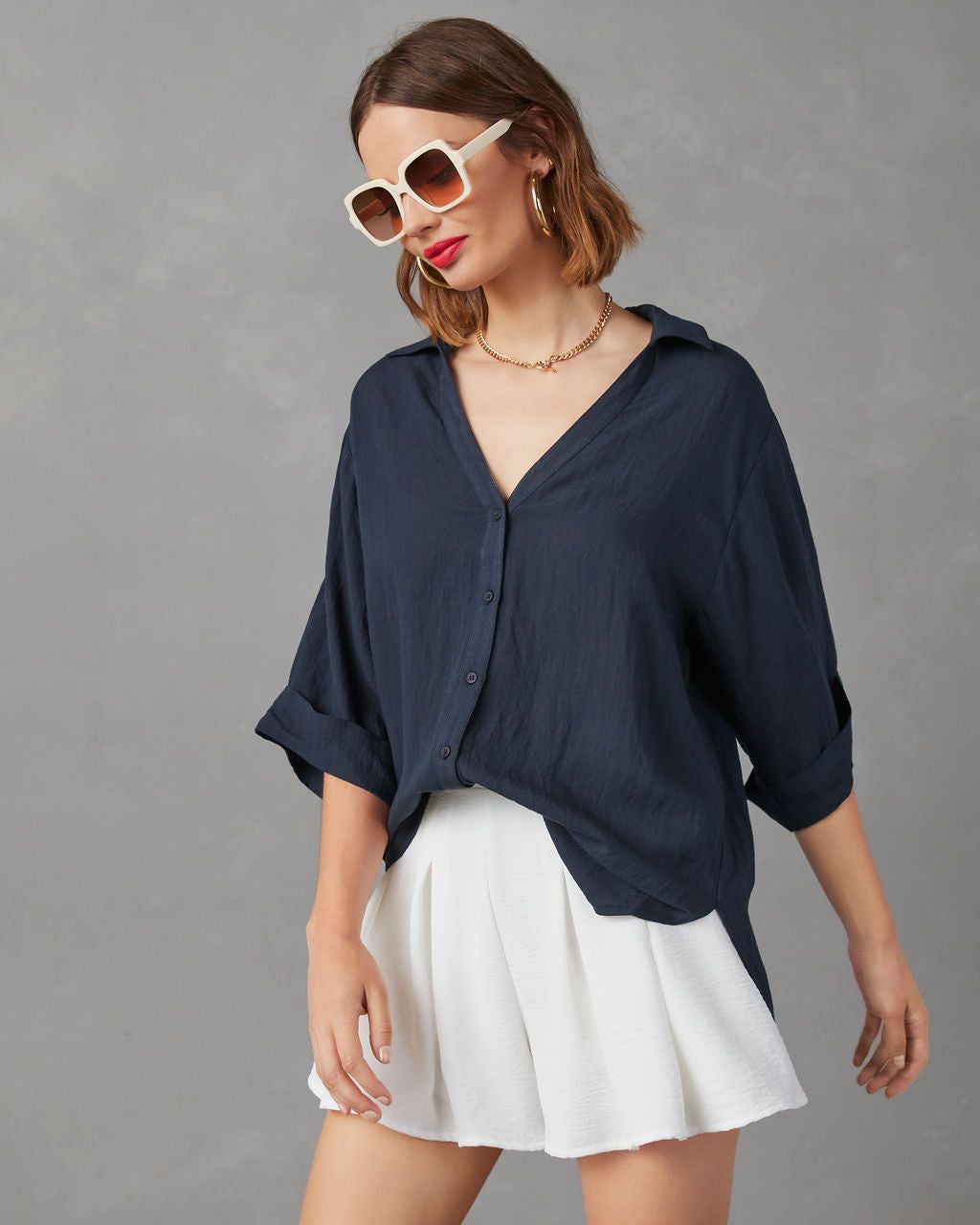 Raisa Short Sleeve Button Up Top - Indigo - FINAL SALE sold by Vici product image thumbnail 4