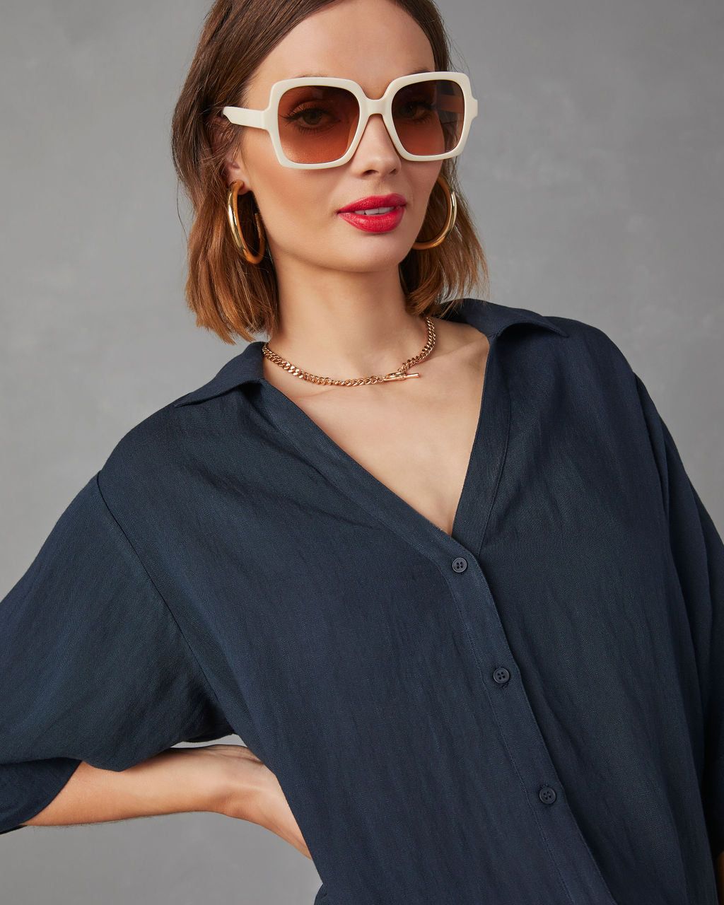 Raisa Short Sleeve Button Up Top - Indigo - FINAL SALE sold by Vici product image thumbnail 6