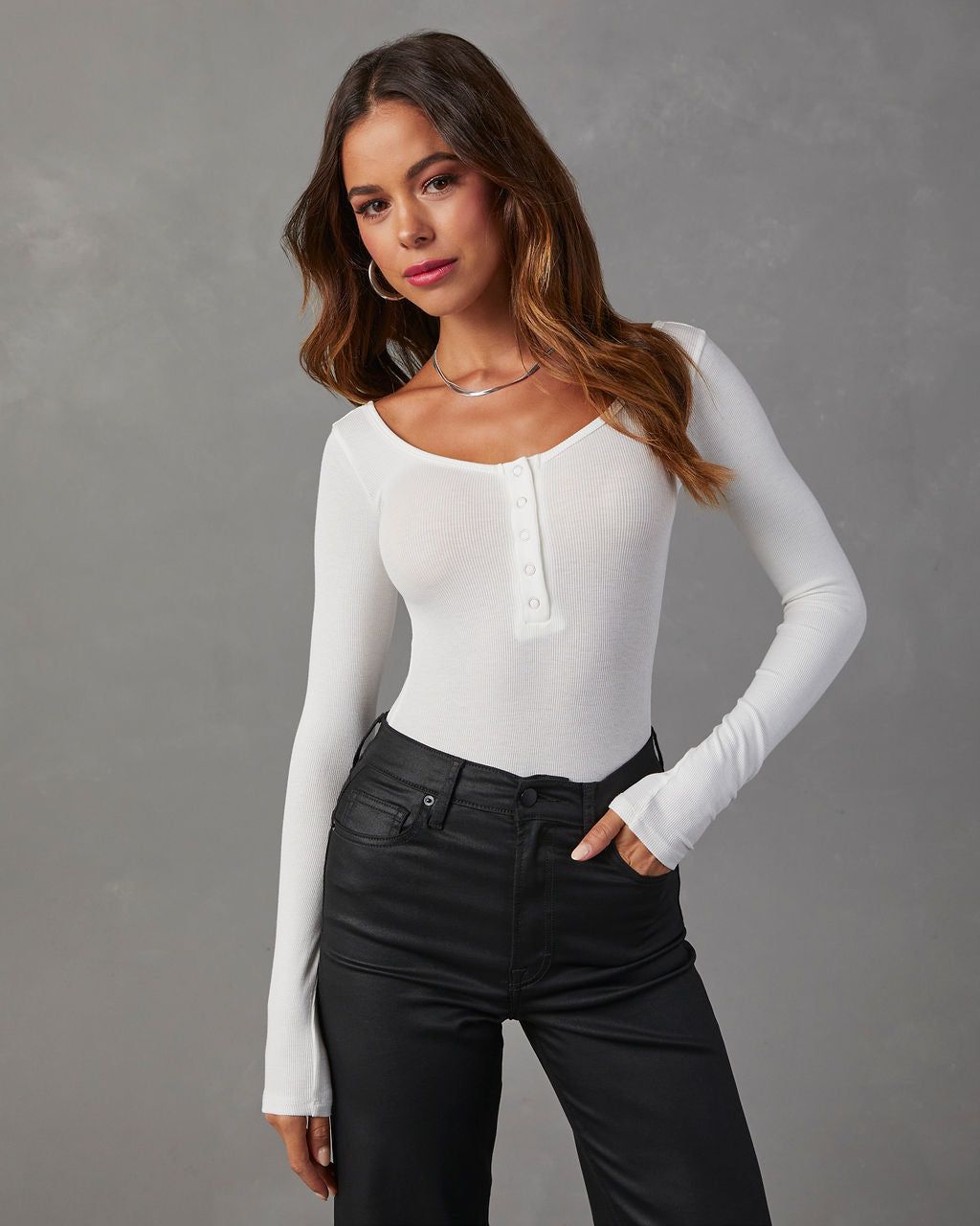 Venus Ribbed Knit Henley Bodysuit - White sold by Vici product image thumbnail 3
