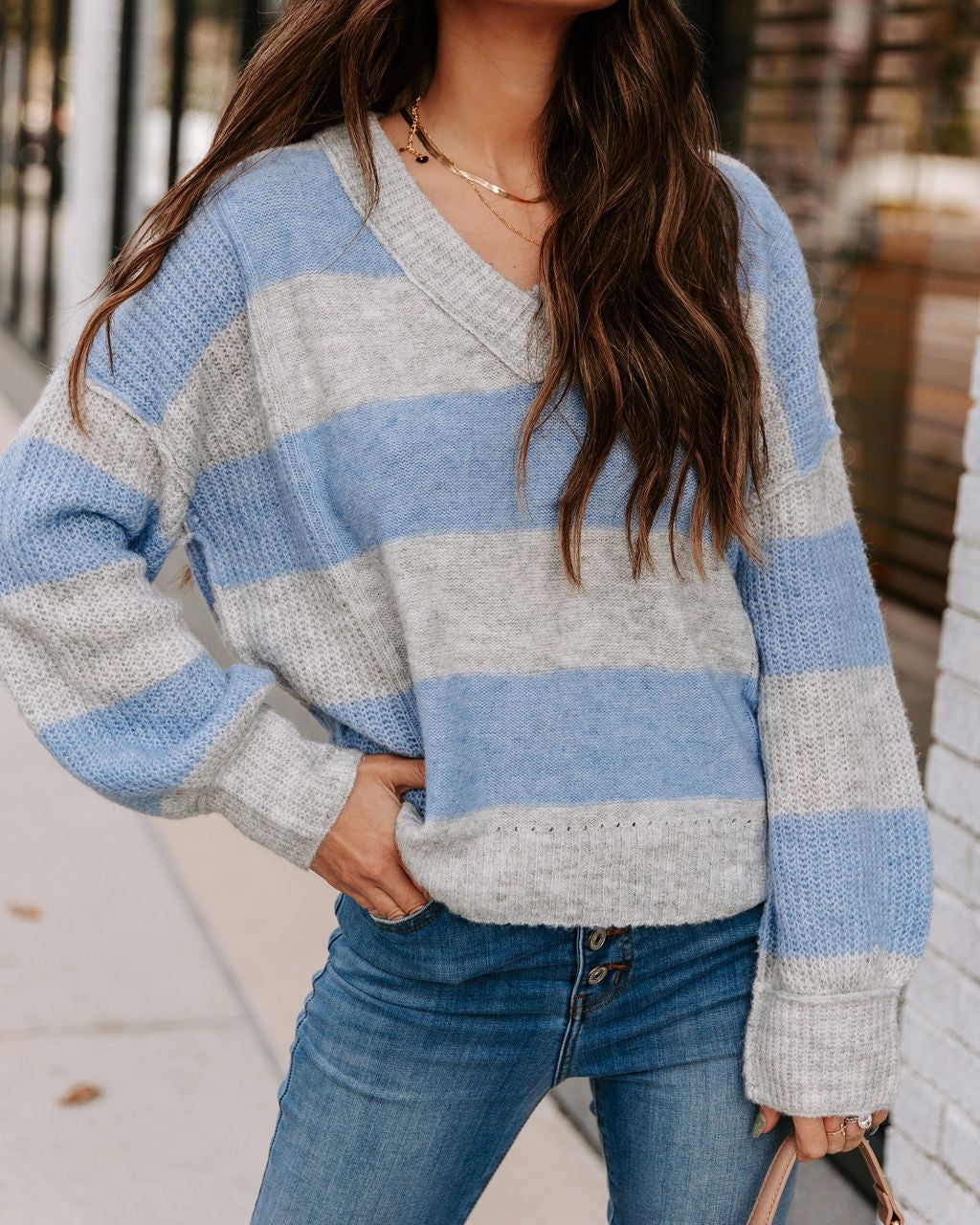 Bixley Striped V-Neck Knit Sweater - Blue - FINAL SALE sold by Vici product image thumbnail 4