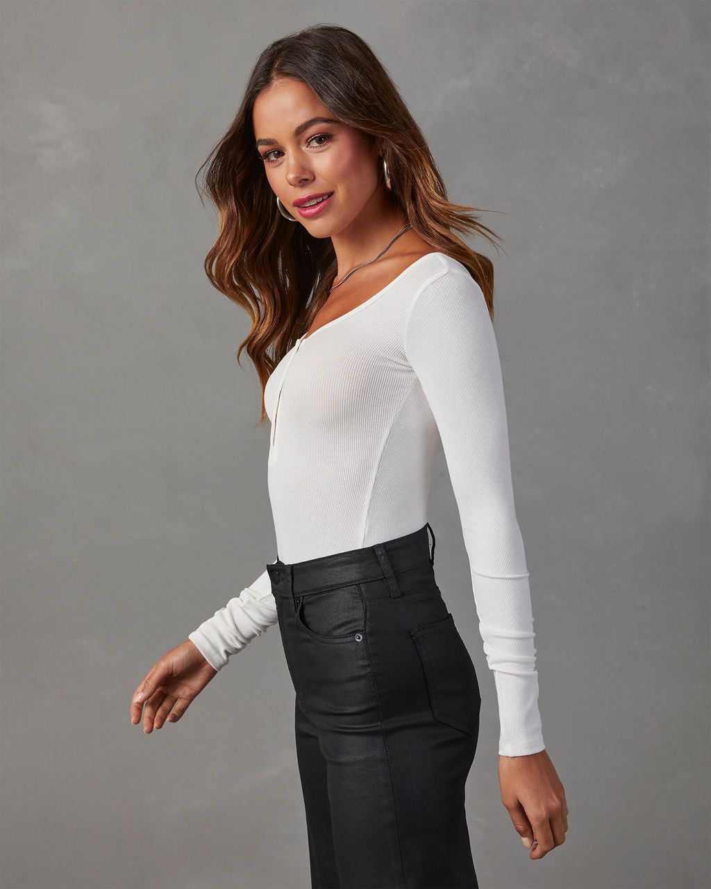 Venus Ribbed Knit Henley Bodysuit - White sold by Vici product image thumbnail 6