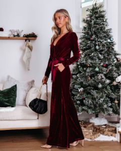 Love One Another Velvet Pocketed Cutout Back Jumpsuit - Wine sold by Vici