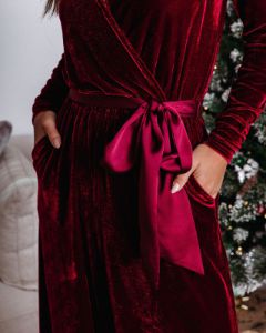 Love One Another Velvet Pocketed Cutout Back Jumpsuit - Wine sold by Vici