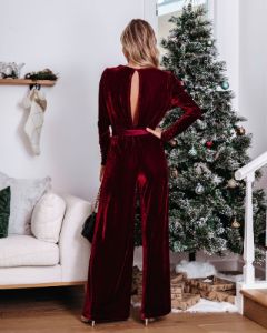 Love One Another Velvet Pocketed Cutout Back Jumpsuit - Wine sold by Vici