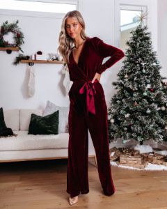 Love One Another Velvet Pocketed Cutout Back Jumpsuit - Wine sold by Vici