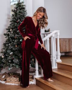 Love One Another Velvet Pocketed Cutout Back Jumpsuit - Wine sold by Vici