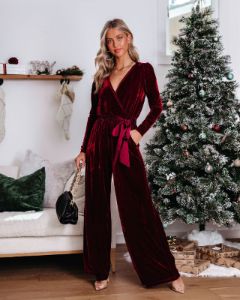 Love One Another Velvet Pocketed Cutout Back Jumpsuit - Wine sold by Vici