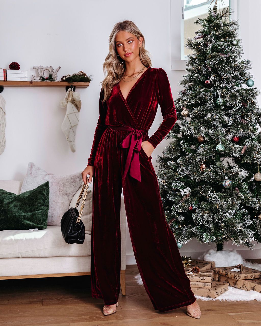 Love One Another Velvet Pocketed Cutout Back Jumpsuit - Wine sold by Vici