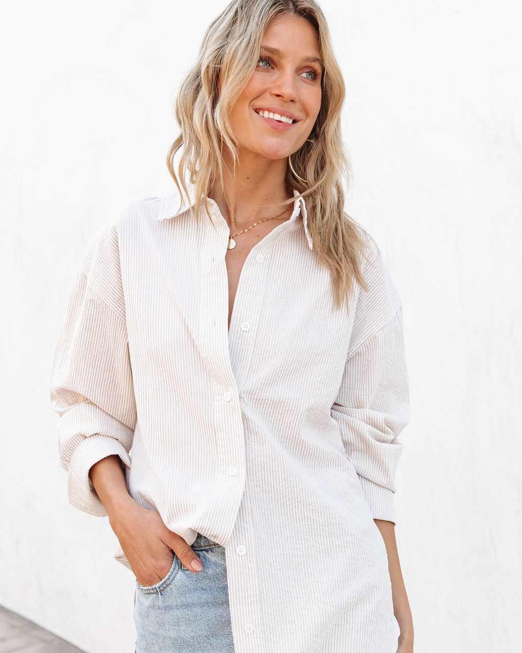 Sandy Days Cotton Stripe Button Down Top sold by Vici
