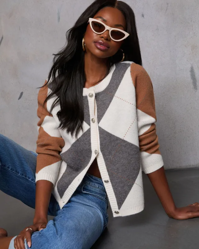 Argyle Print Button Down Cardigan sold by Vici