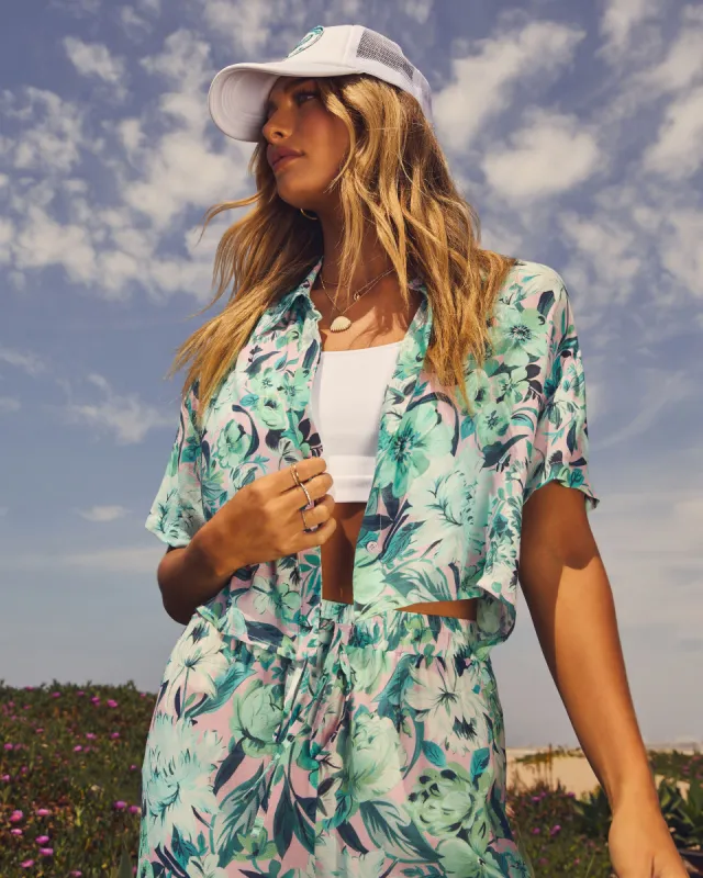 Clearwater Tropical Print Cropped Collared Shirt sold by Vici