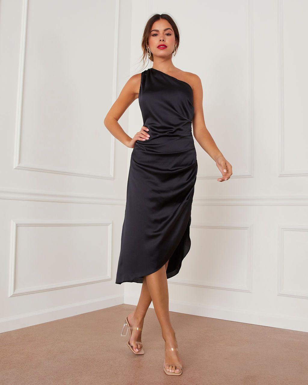 Bellamy One Shoulder Satin Slit Midi Dress - Black - LAST CHANCE sold by Vici product image thumbnail 7