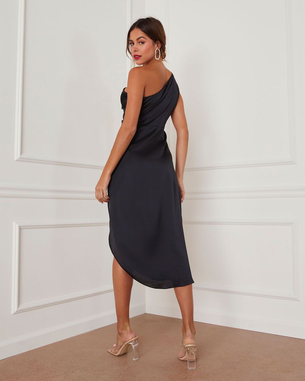 Bellamy One Shoulder Satin Slit Midi Dress - Black - LAST CHANCE sold by Vici product image thumbnail 2