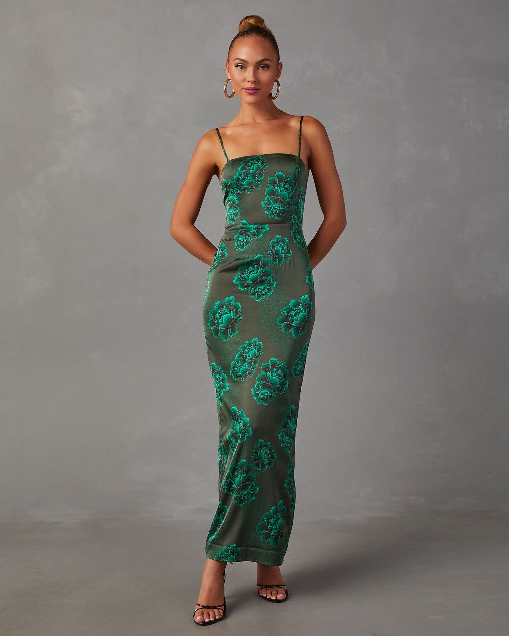 Ivy Satin Floral Slip Midi Dress - Green sold by Vici
